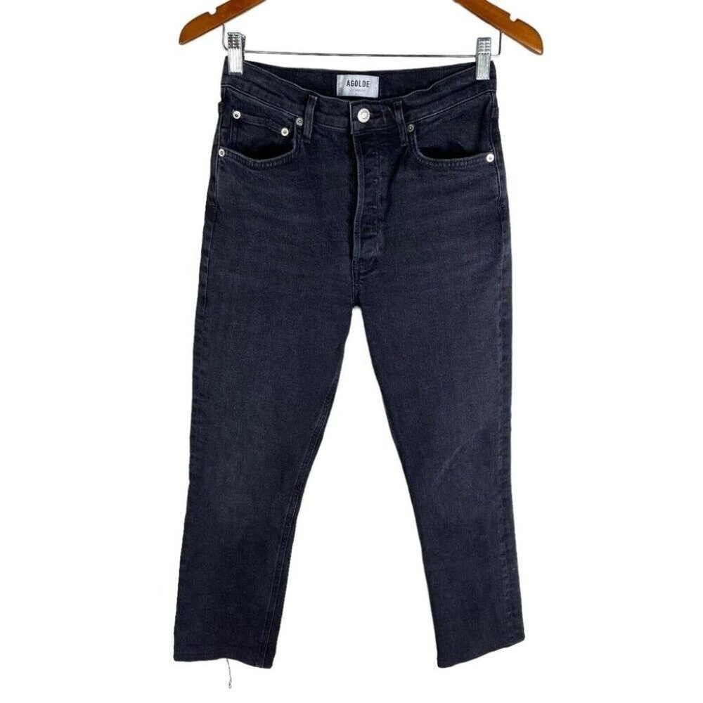 AGOLDE Riley Black Pepper High Rise Straight Leg Button Fly Stretch Crops (hems)